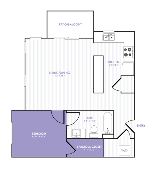 Floor plan for 1 bed, 1 bath, 702 sqft